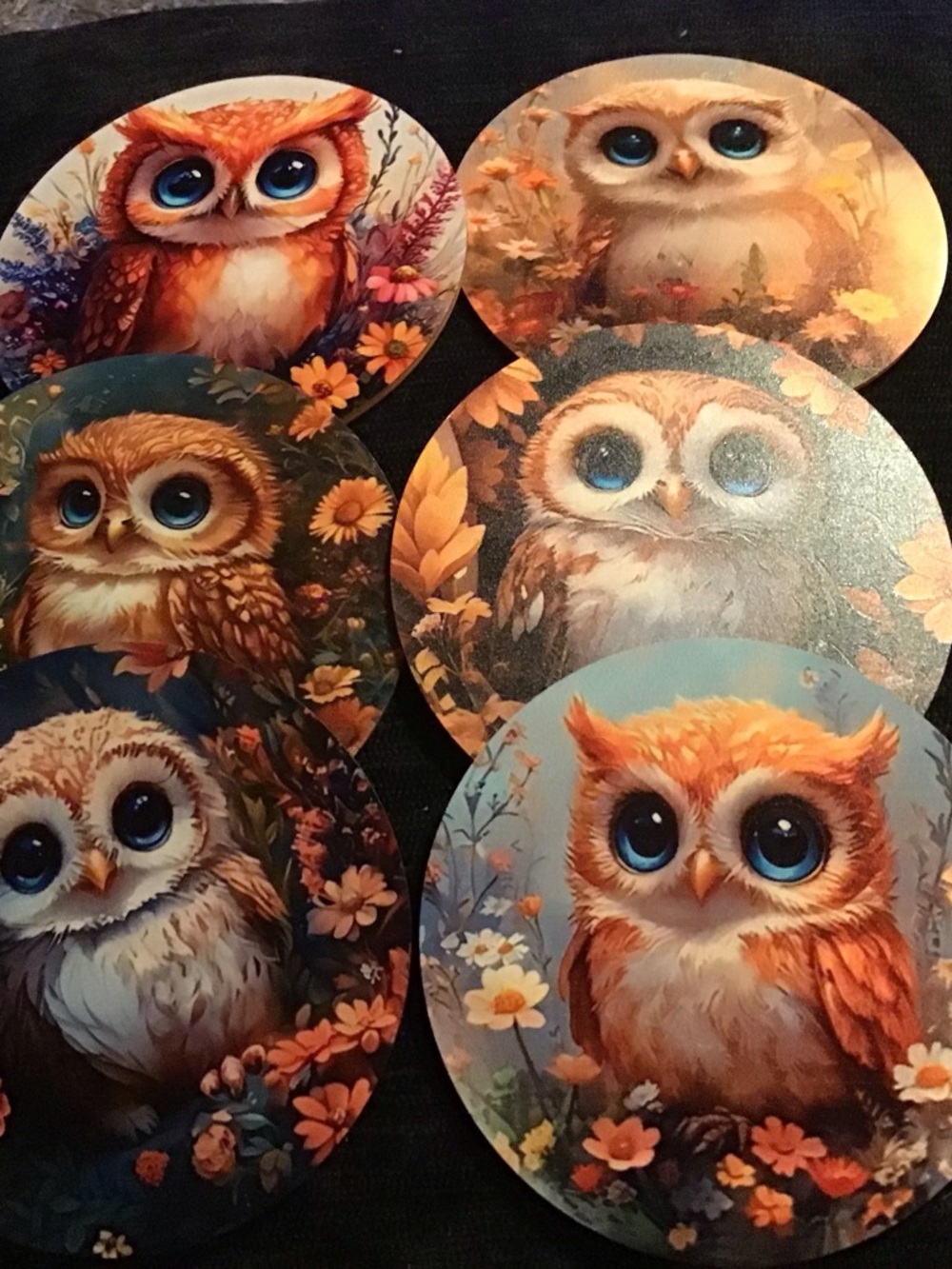 Set of 6 Round Owl Art Coasters - Blue & Orange Accents